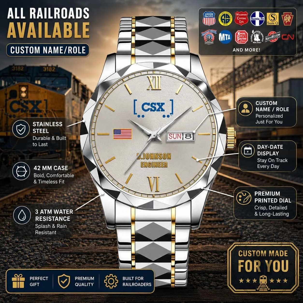 Union Pacific Railroad Conductor Custom Name Stainless Steel Watch 15 Union Pacific Railroad Conductor Custom Name Stainless Steel Watch