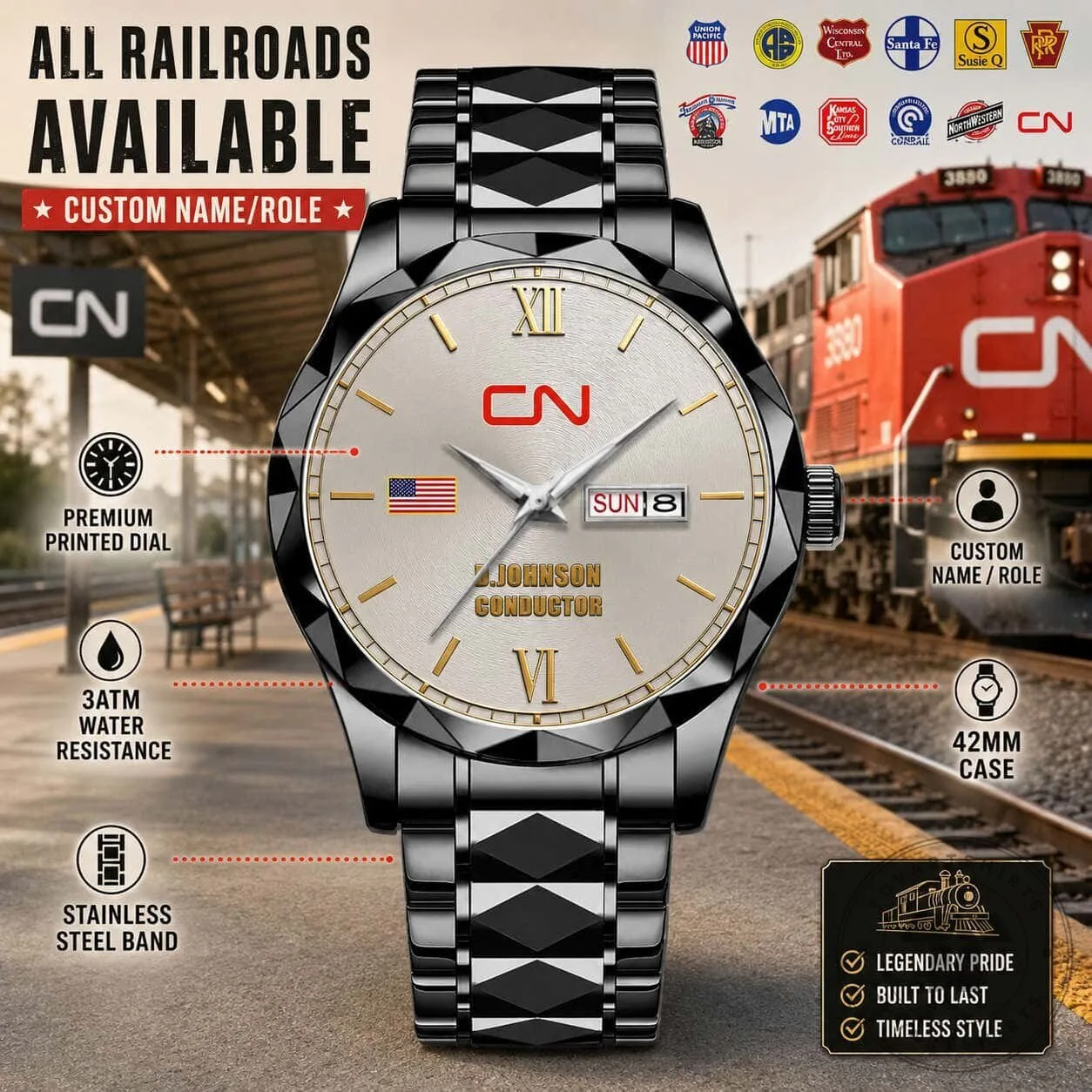 Union Pacific Railroad Conductor Custom Name Stainless Steel Watch 17 Union Pacific Railroad Conductor Custom Name Stainless Steel Watch