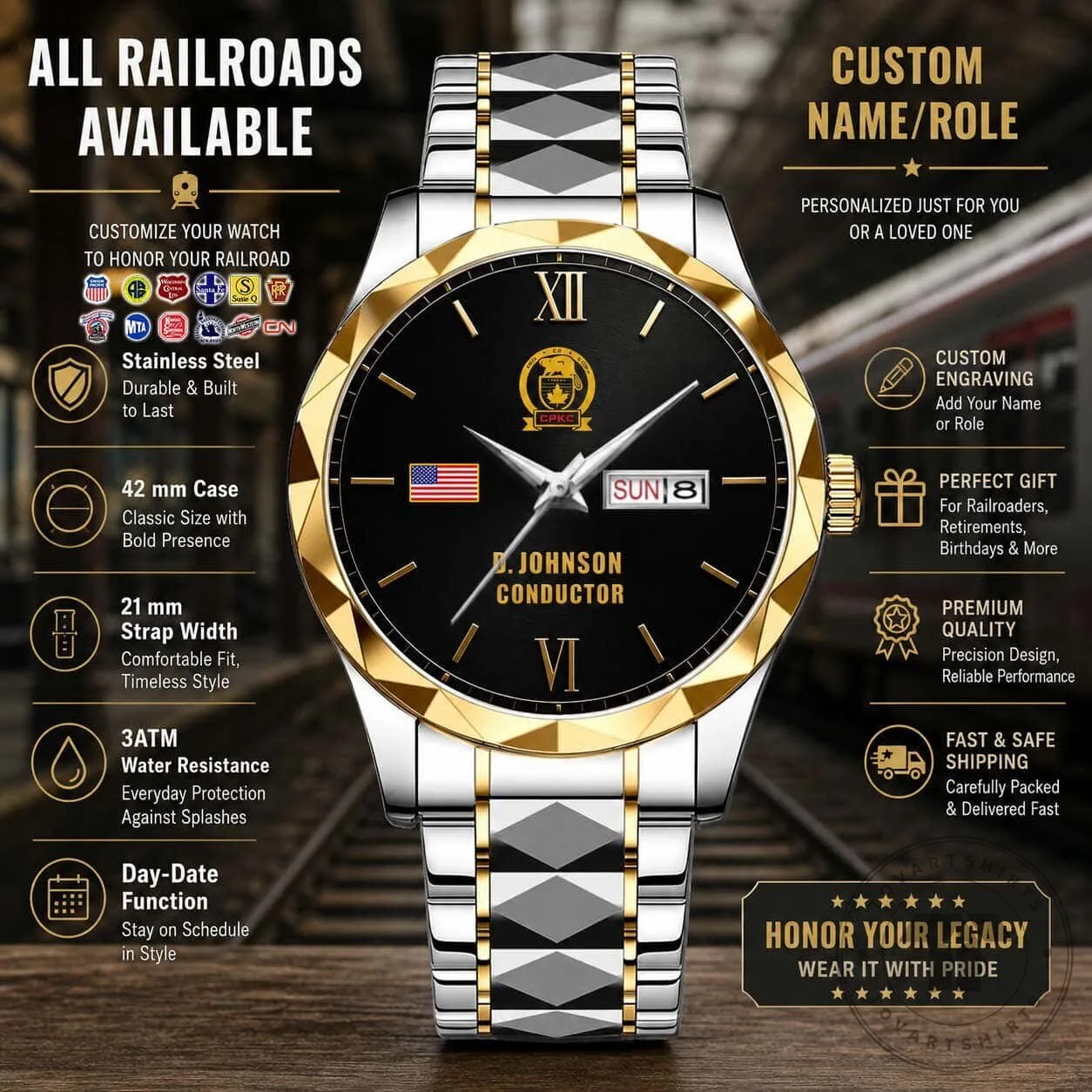 Union Pacific Railroad Conductor Custom Name Stainless Steel Watch 18 Union Pacific Railroad Conductor Custom Name Stainless Steel Watch