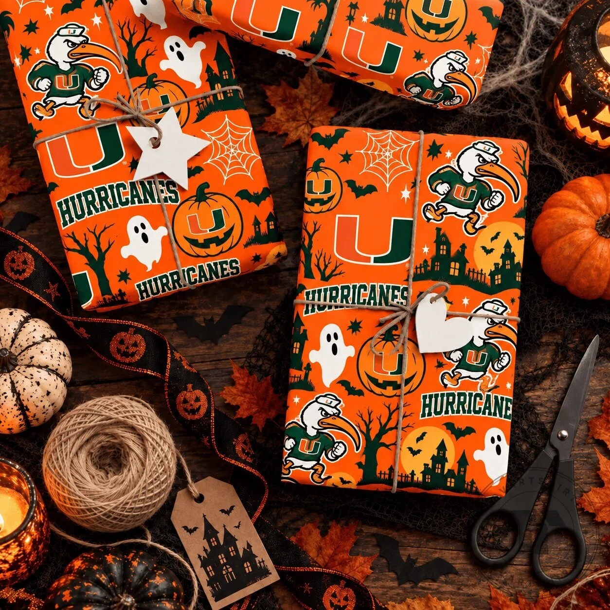 Miami Hurricanes Halloween Spooky Ghosts Pumpkins NCAA Gift Wrapping Paper