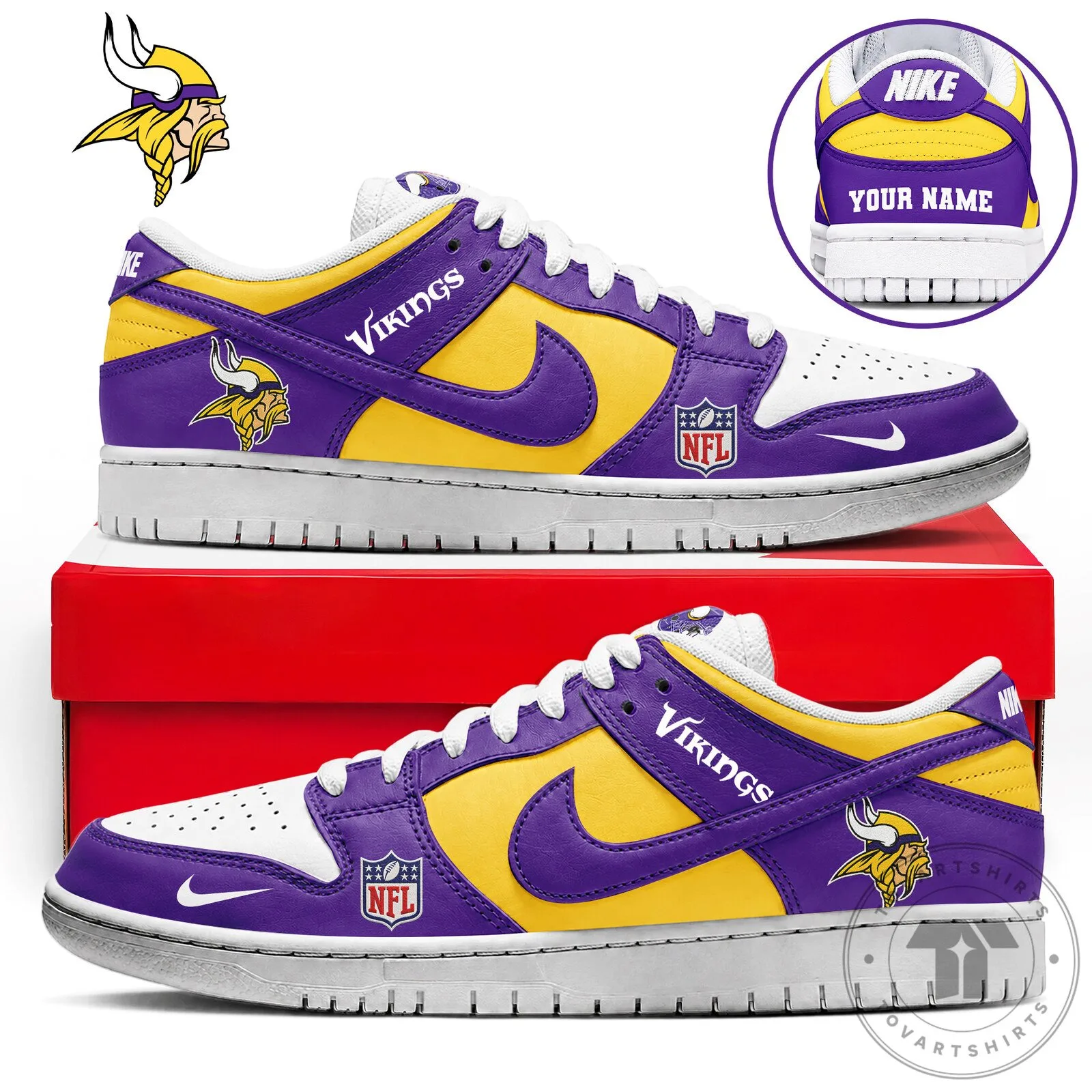 Minnesota Vikings NFL Team Logo Custom Name Purple and Gold Sneakers Shoes