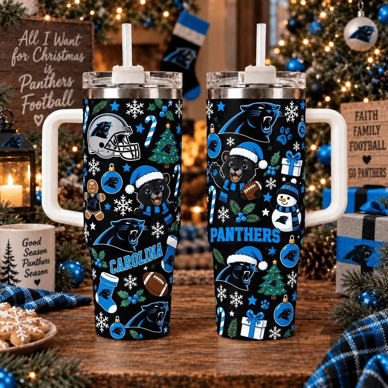 Carolina Panthers Christmas Football Fan Insulated Tumbler with Handle