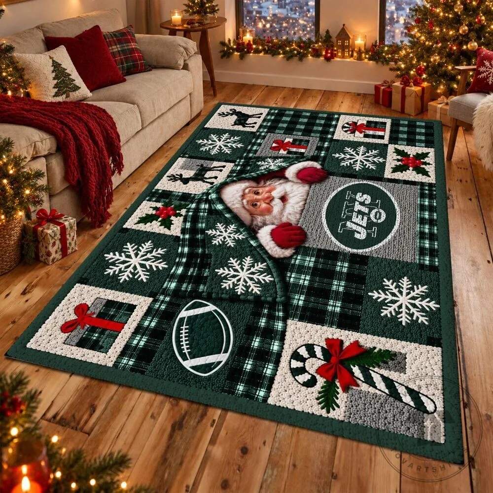 New York Jets Christmas Holiday Santa Claus Plaid Area Rug