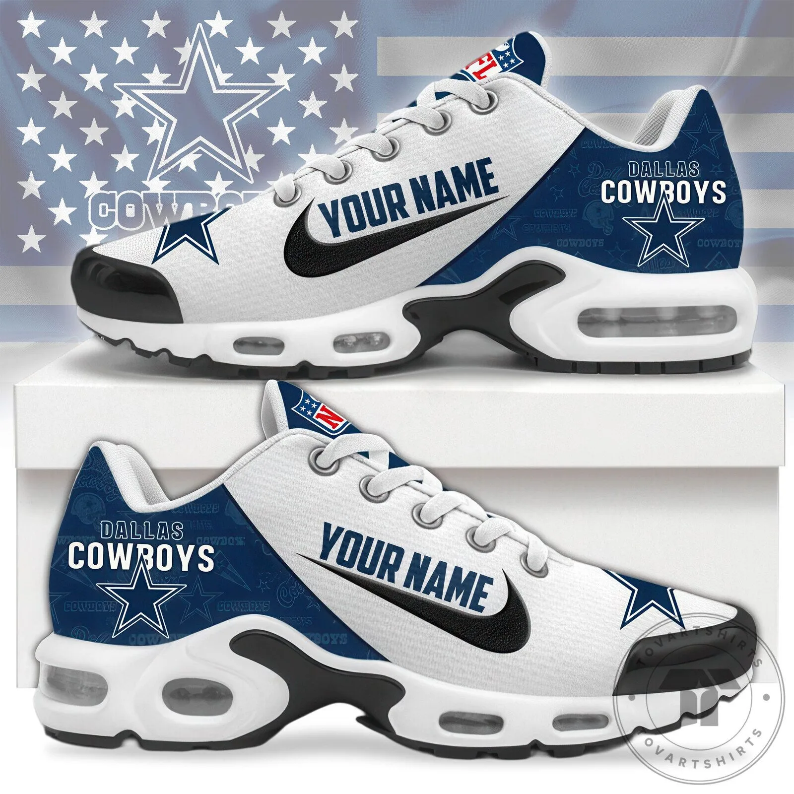 Dallas Cowboys Custom Name White and Blue Running Shoes for Men and Women