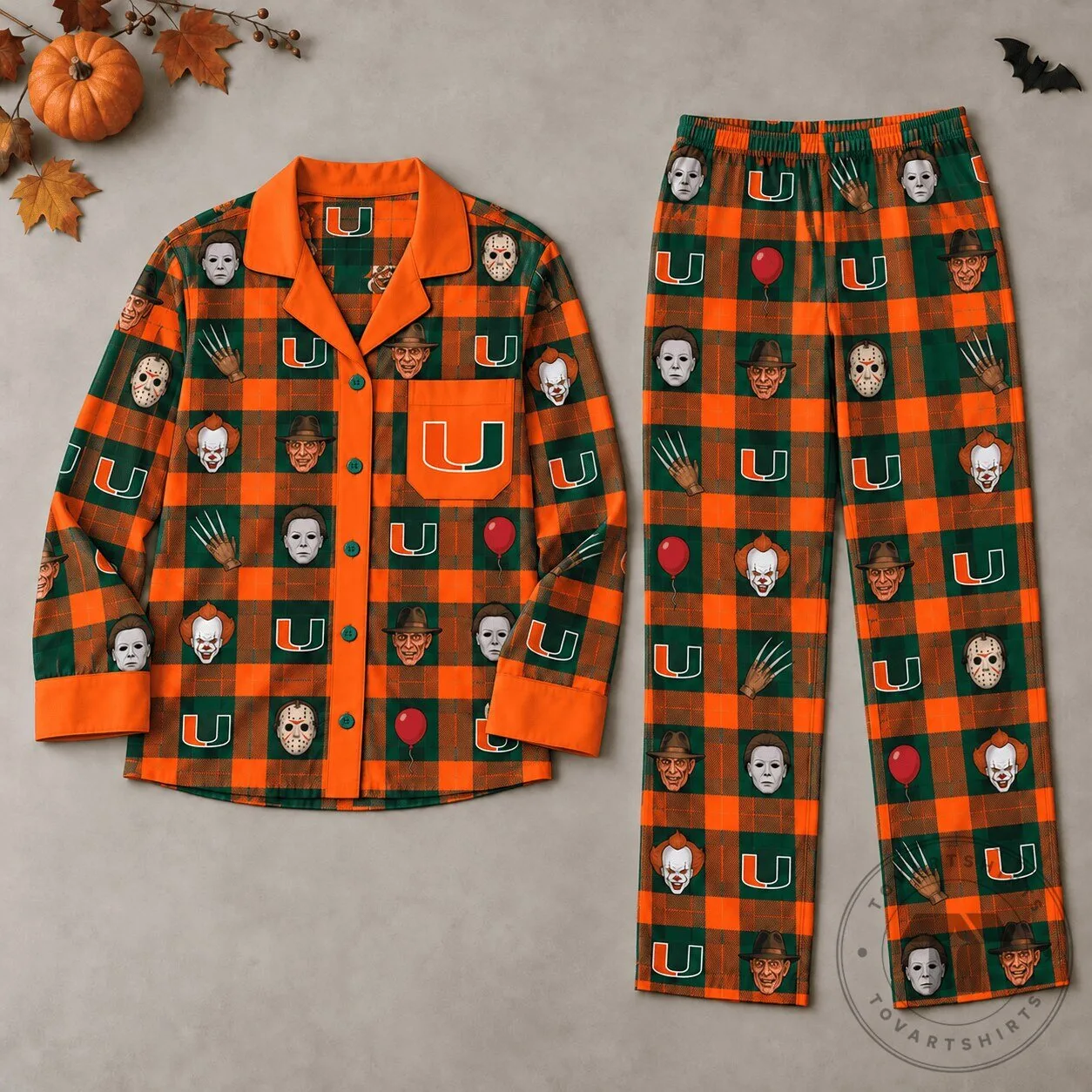 Miami Hurricanes Halloween Horror Movie Characters Plaid Pajamas Set