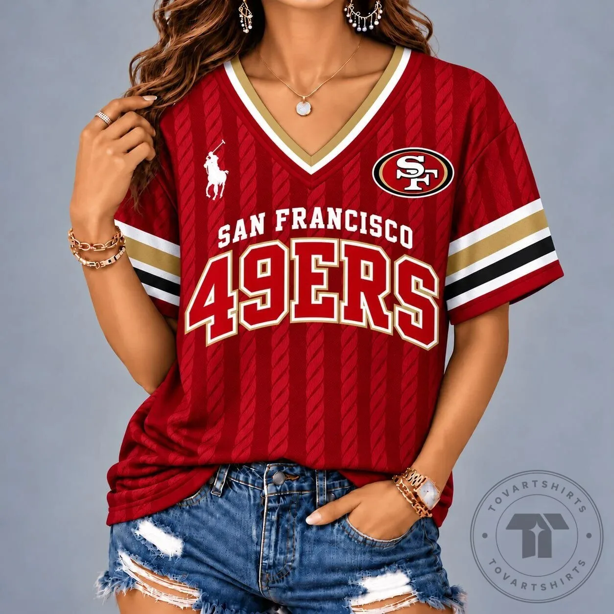 San Francisco 49ers Women's Vintage Varsity V-Neck Football Jersey 1 San Francisco 49ers Women's Vintage Varsity V-Neck Football Jersey