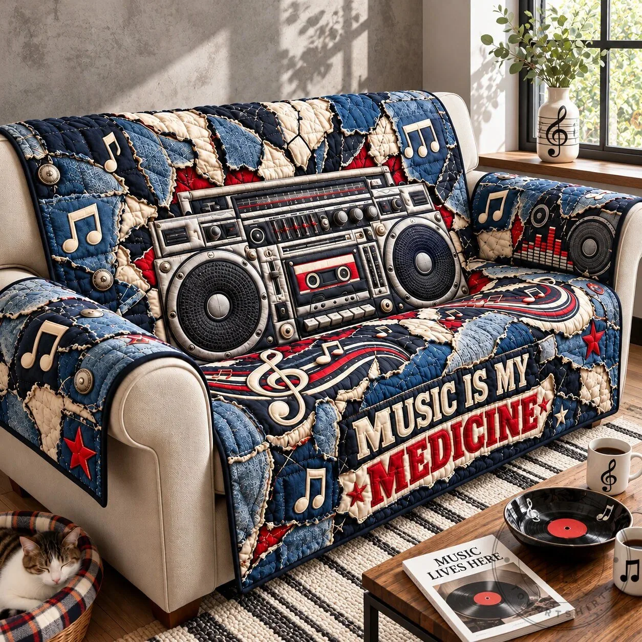 Retro Boombox Music Is My Medicine Quilted Sofa Cover Protector