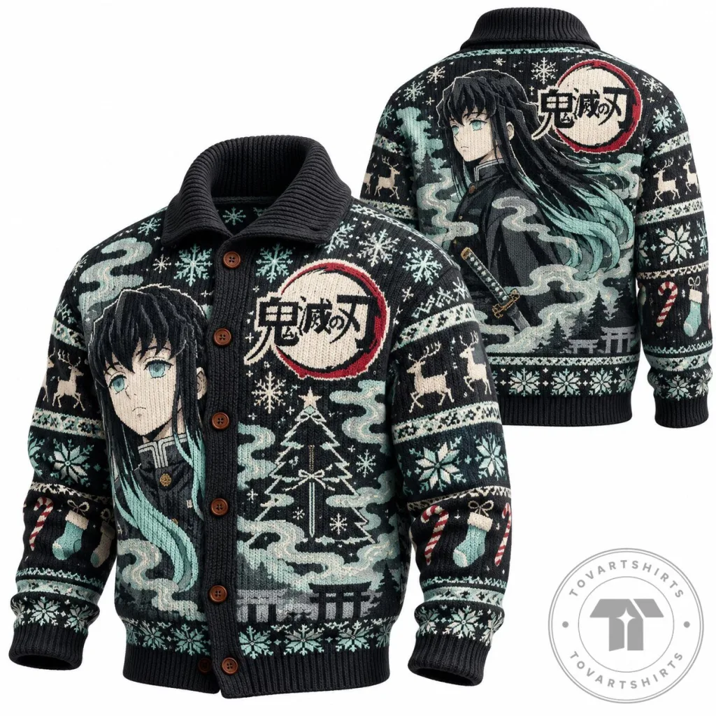 Demon Slayer Muichiro Tokito Anime Christmas Knitted Cardigan Sweater Demon Slayer Muichiro Tokito Anime Christmas Knitted Cardigan Sweater