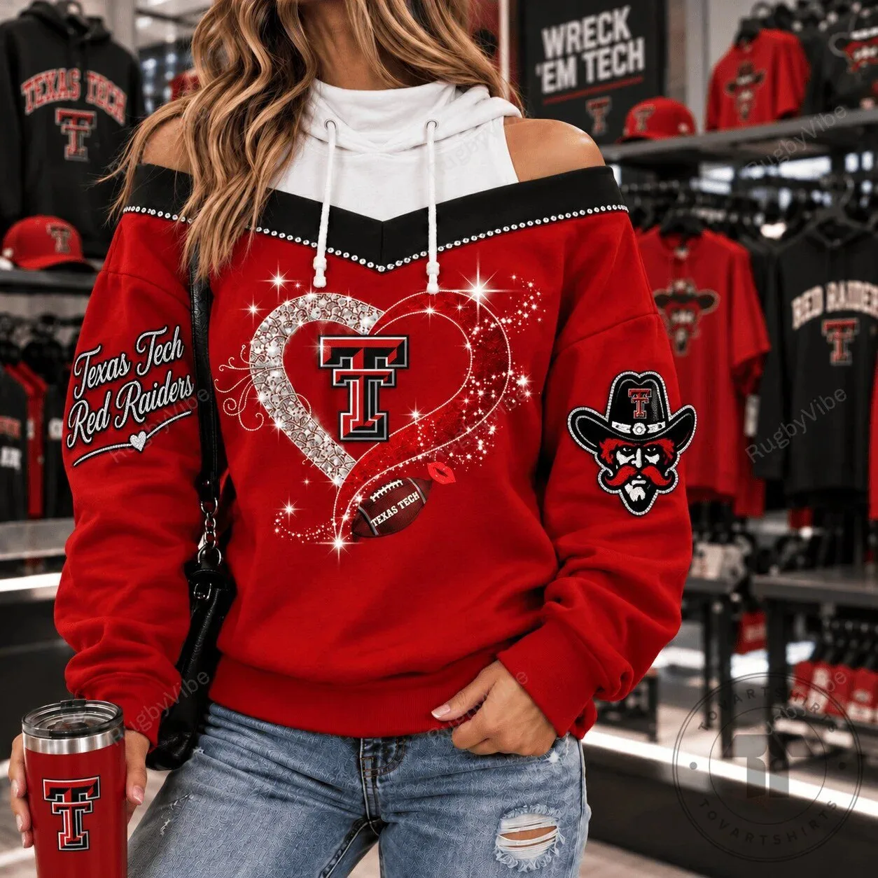 Texas Tech Red Raiders Football Glitter Heart Off-Shoulder Hoodie