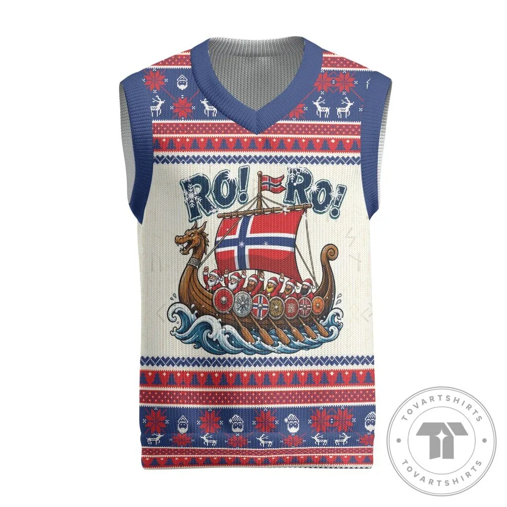 Viking Santa Claus Christmas Knitted Vest Ro Ro Ro Norwegian Flag Holiday Sweater