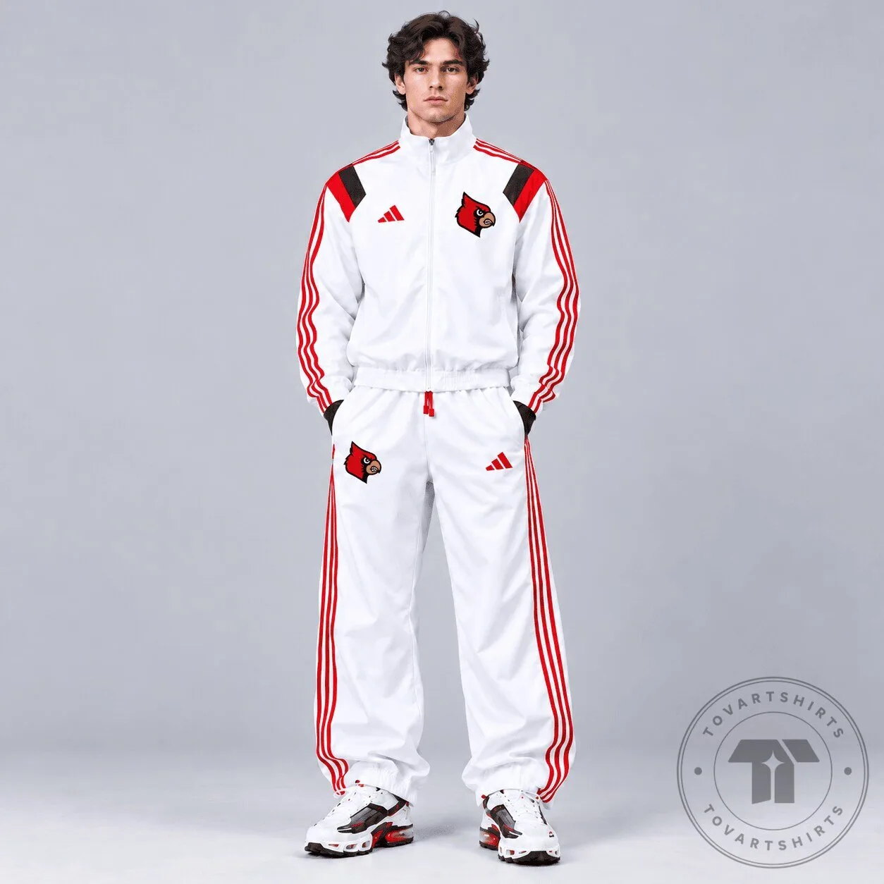 Louisville Cardinals NCAA Heritage White Track Jacket and Jogger Pants Set