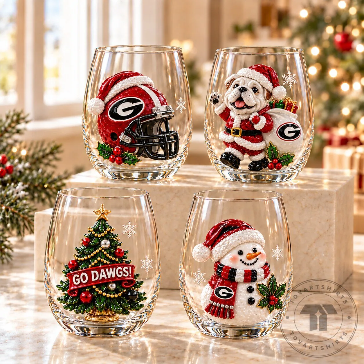 Georgia Bulldogs Christmas Holiday Stemless Wine Glass Set