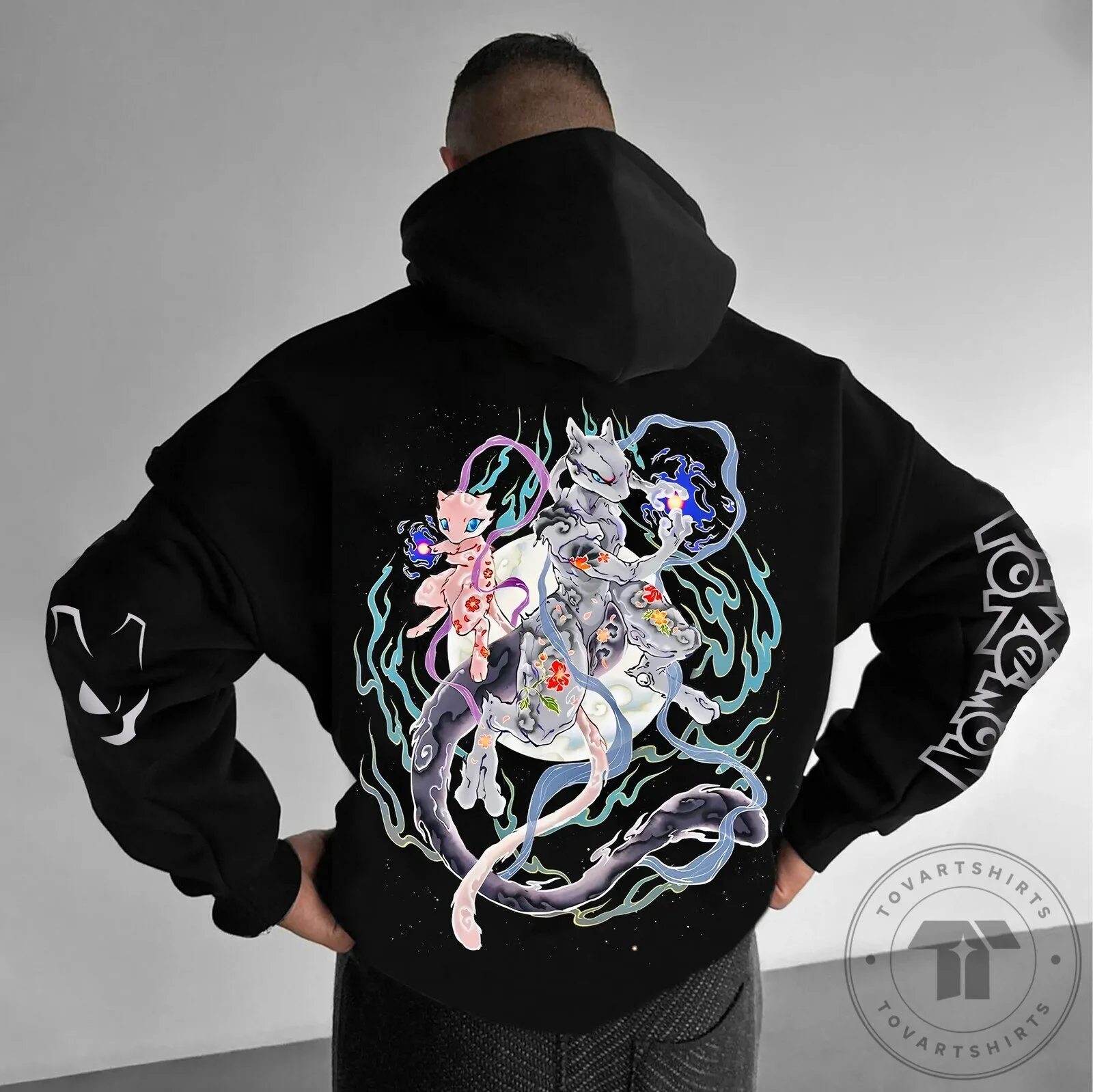 Pokemon Mew and Mewtwo Anime Graphic Black Streetwear Hoodie