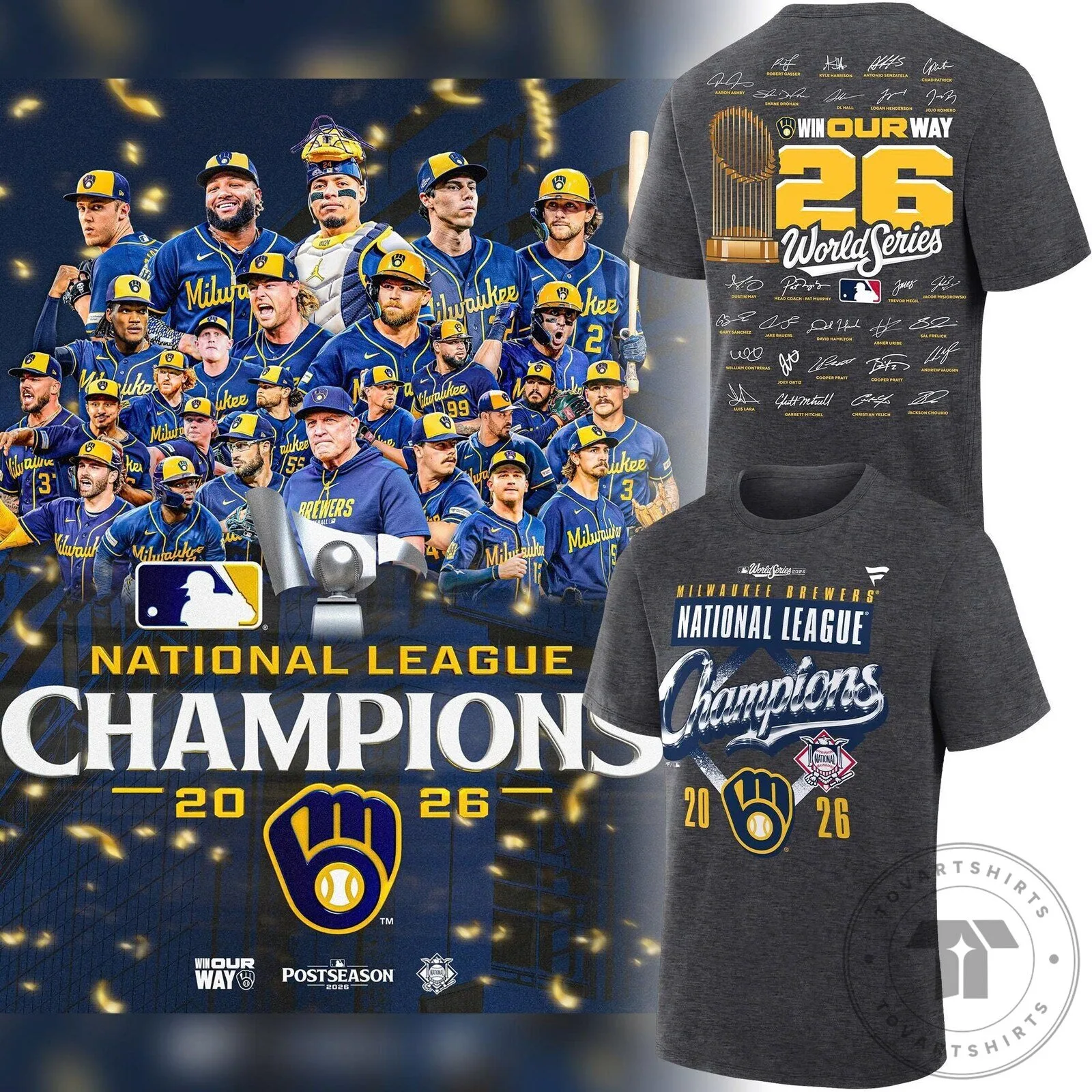 Milwaukee Brewers National League Champions 2026 Locker Room Team Signatures T-Shirt