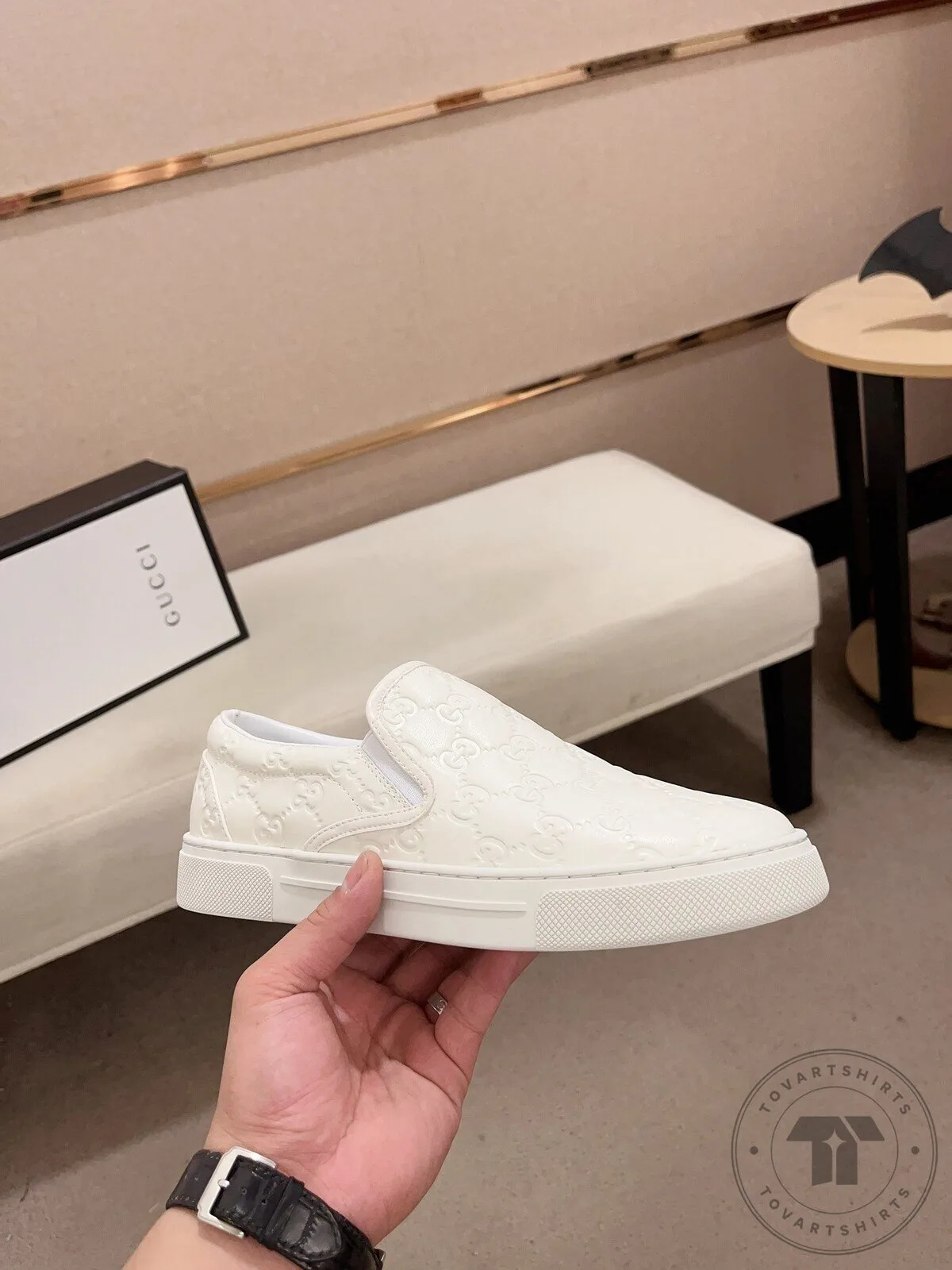 Gucci White Embossed Logo Slip-On Casual Shoes 1 Gucci White Embossed Logo Slip-On Casual Shoes
