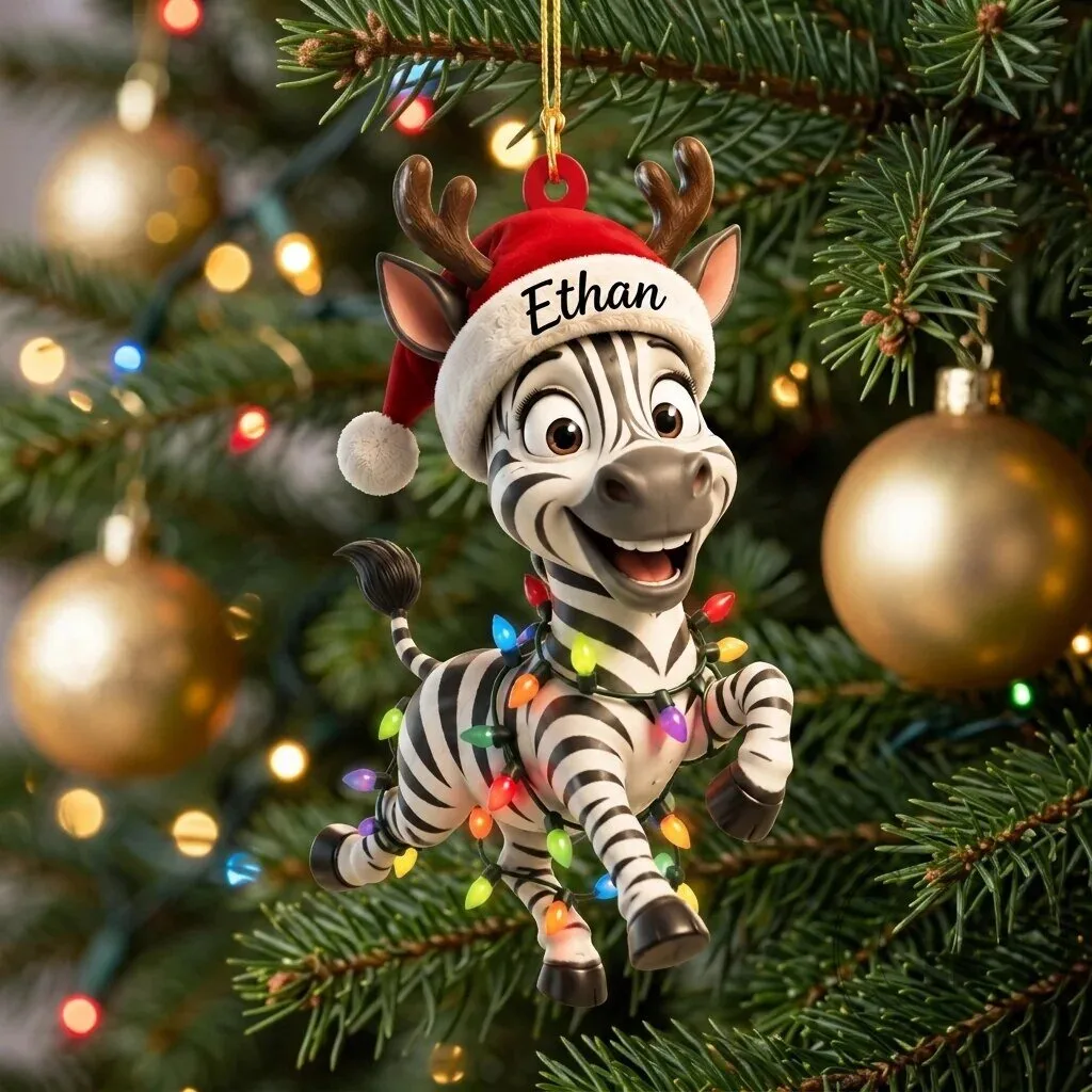 Personalized Zebra Christmas Ornament with Santa Hat and Lights - Custom Name Holiday Decor 5 Personalized Zebra Christmas Ornament with Santa Hat and Lights - Custom Name Holiday Decor