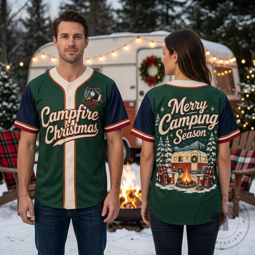 Merry Camping Season Campfire Christmas Baseball Jersey