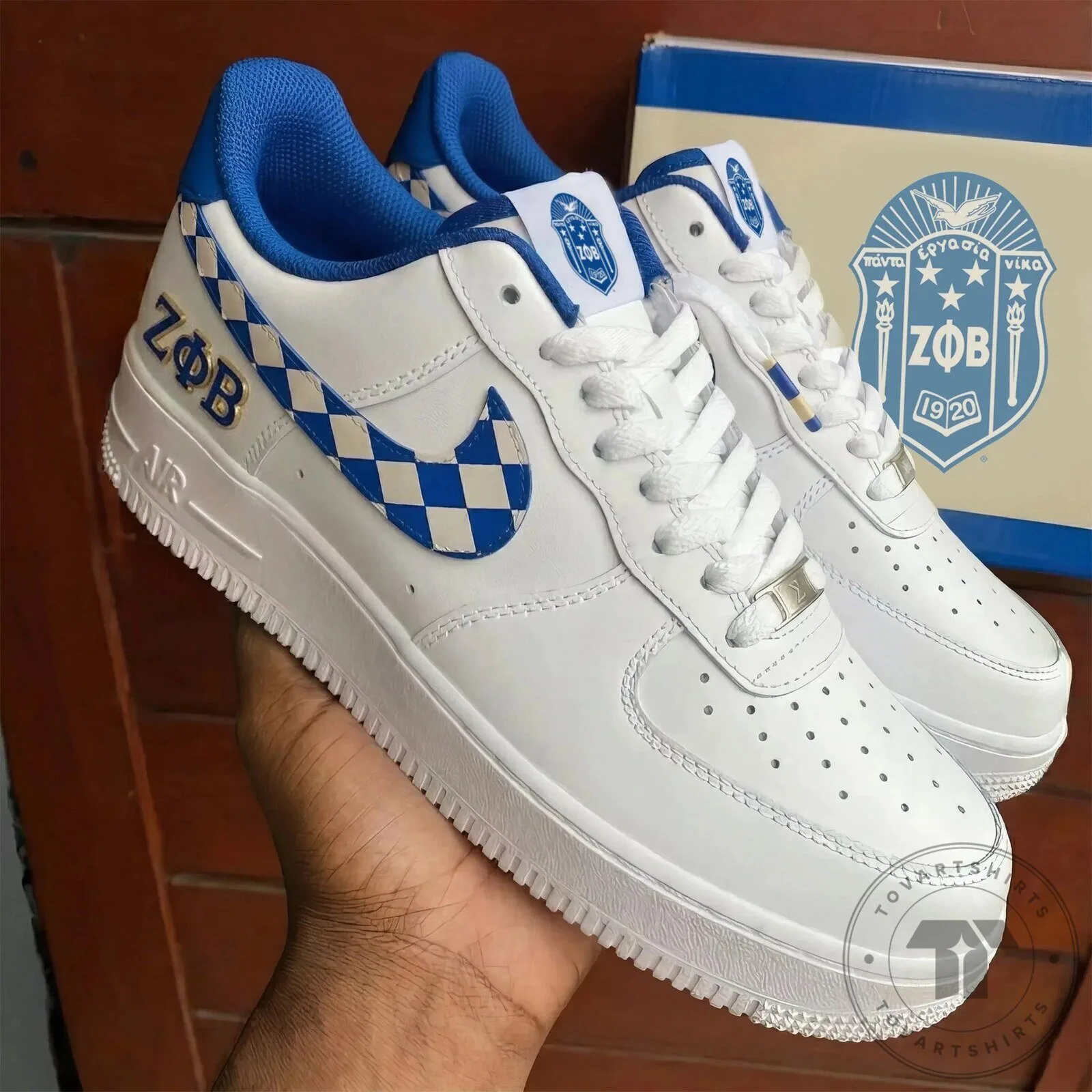 Zeta Phi Beta Sorority White and Blue Air Force 1 Sneakers