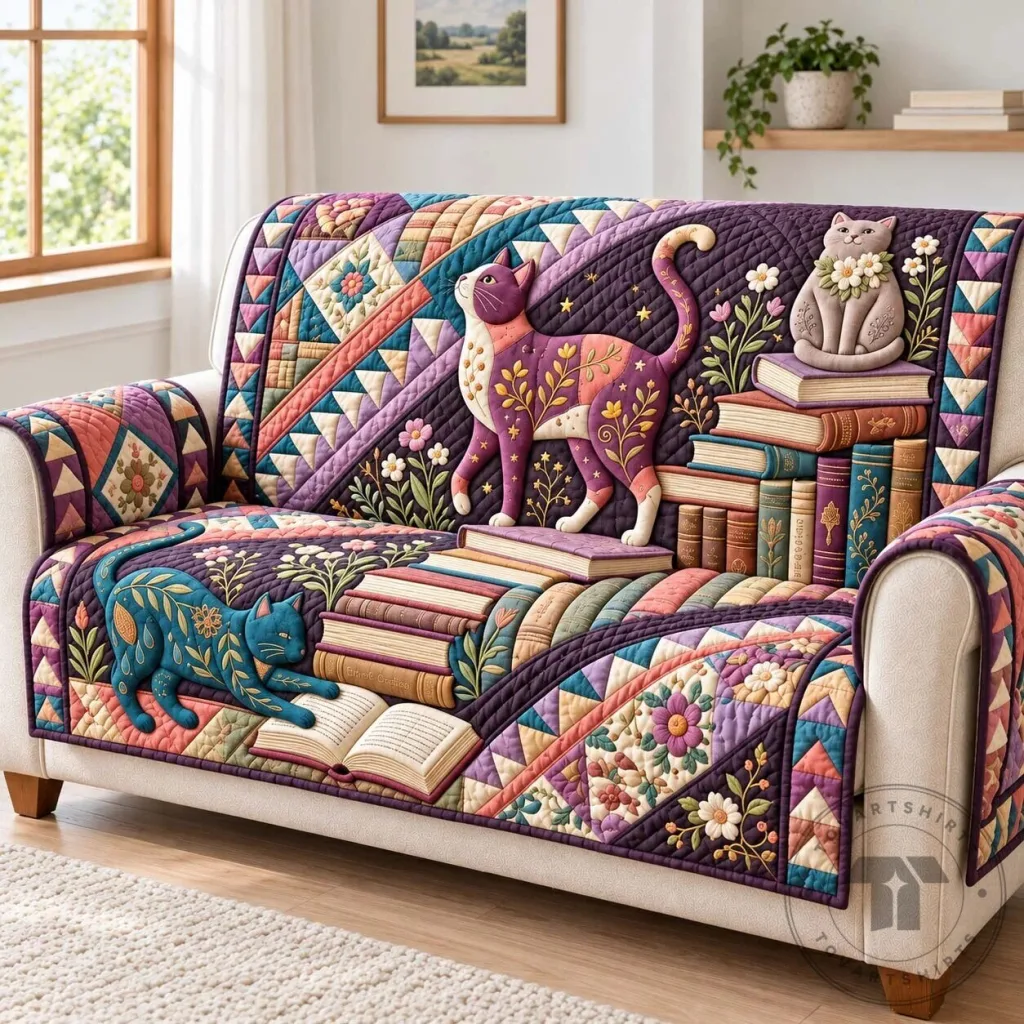 Whimsical Book Cats Quilted Sofa Cover for Living Room Decor Whimsical Book Cats Quilted Sofa Cover for Living Room Decor