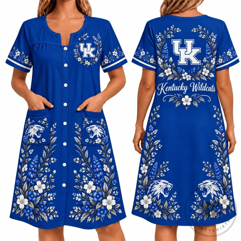 Kentucky Wildcats Floral Button-Front House Dress with Pockets Kentucky Wildcats Floral Button-Front House Dress with Pockets