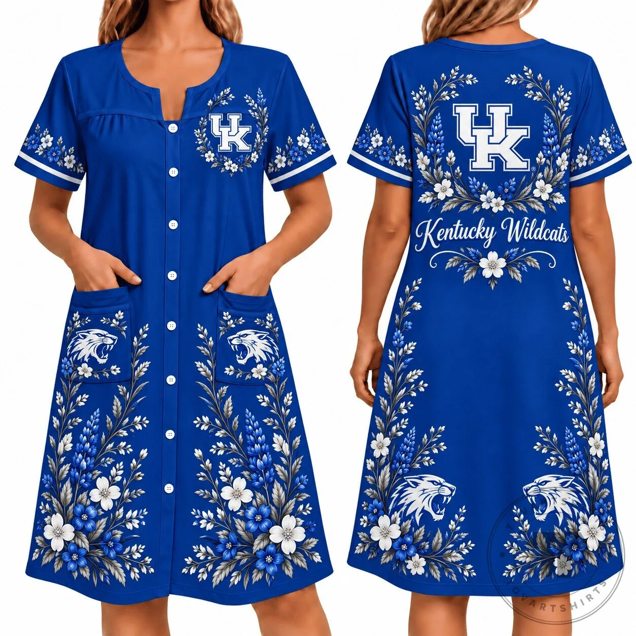 Kentucky Wildcats Floral Button-Front House Dress with Pockets 3 Kentucky Wildcats Floral Button-Front House Dress with Pockets
