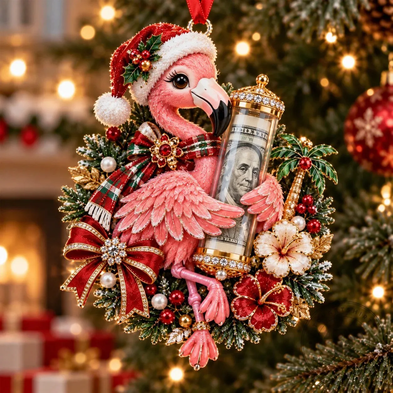 Christmas Flamingo Ornament with Santa Hat and Money Holder for Holiday Tree