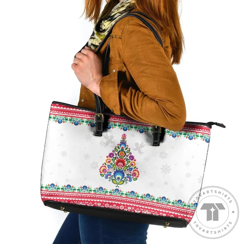 Polish Folk Art Christmas Tree Pattern White Leather Tote Bag 8 Polish Folk Art Christmas Tree Pattern White Leather Tote Bag