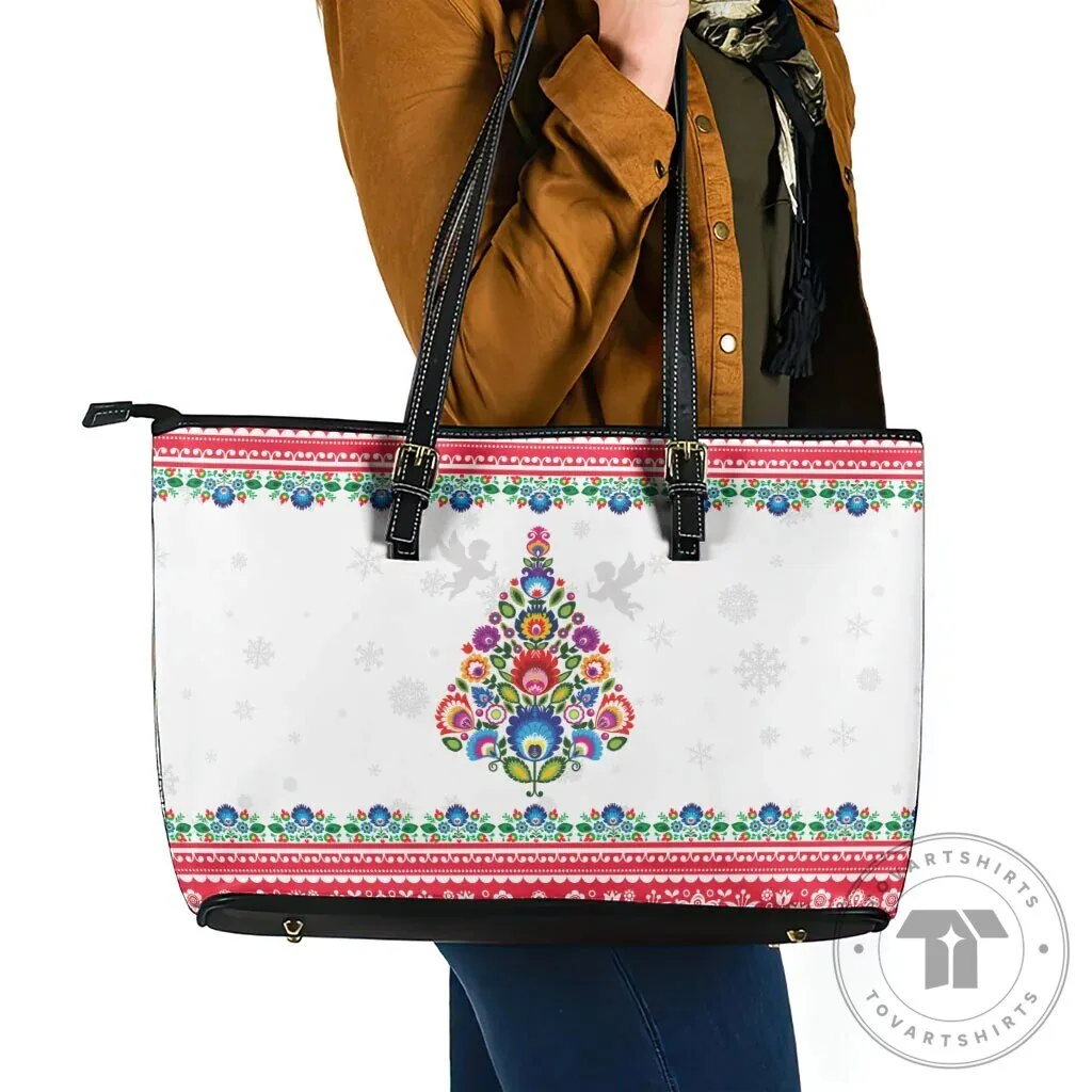Polish Folk Art Christmas Tree Pattern White Leather Tote Bag 9 Polish Folk Art Christmas Tree Pattern White Leather Tote Bag