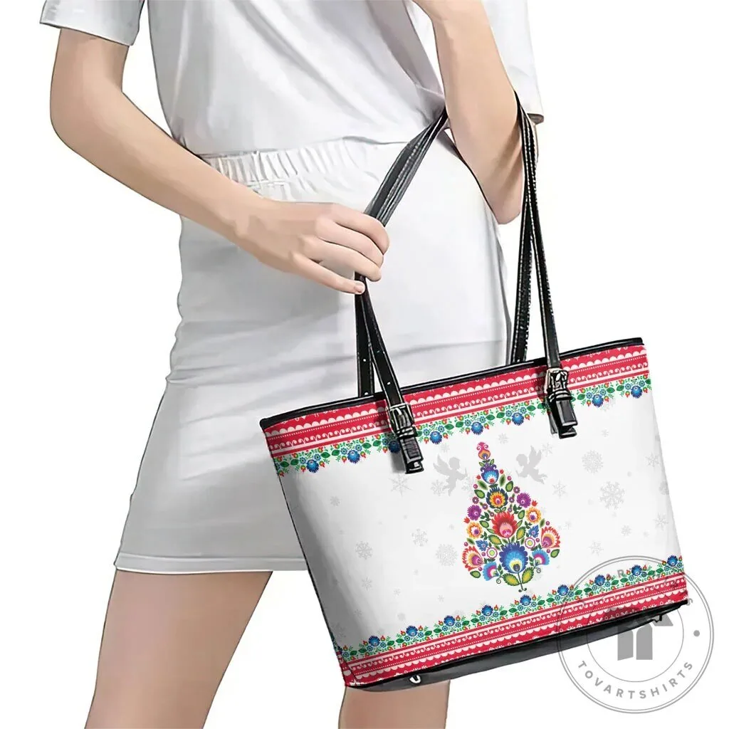 Polish Folk Art Christmas Tree Pattern White Leather Tote Bag 10 Polish Folk Art Christmas Tree Pattern White Leather Tote Bag
