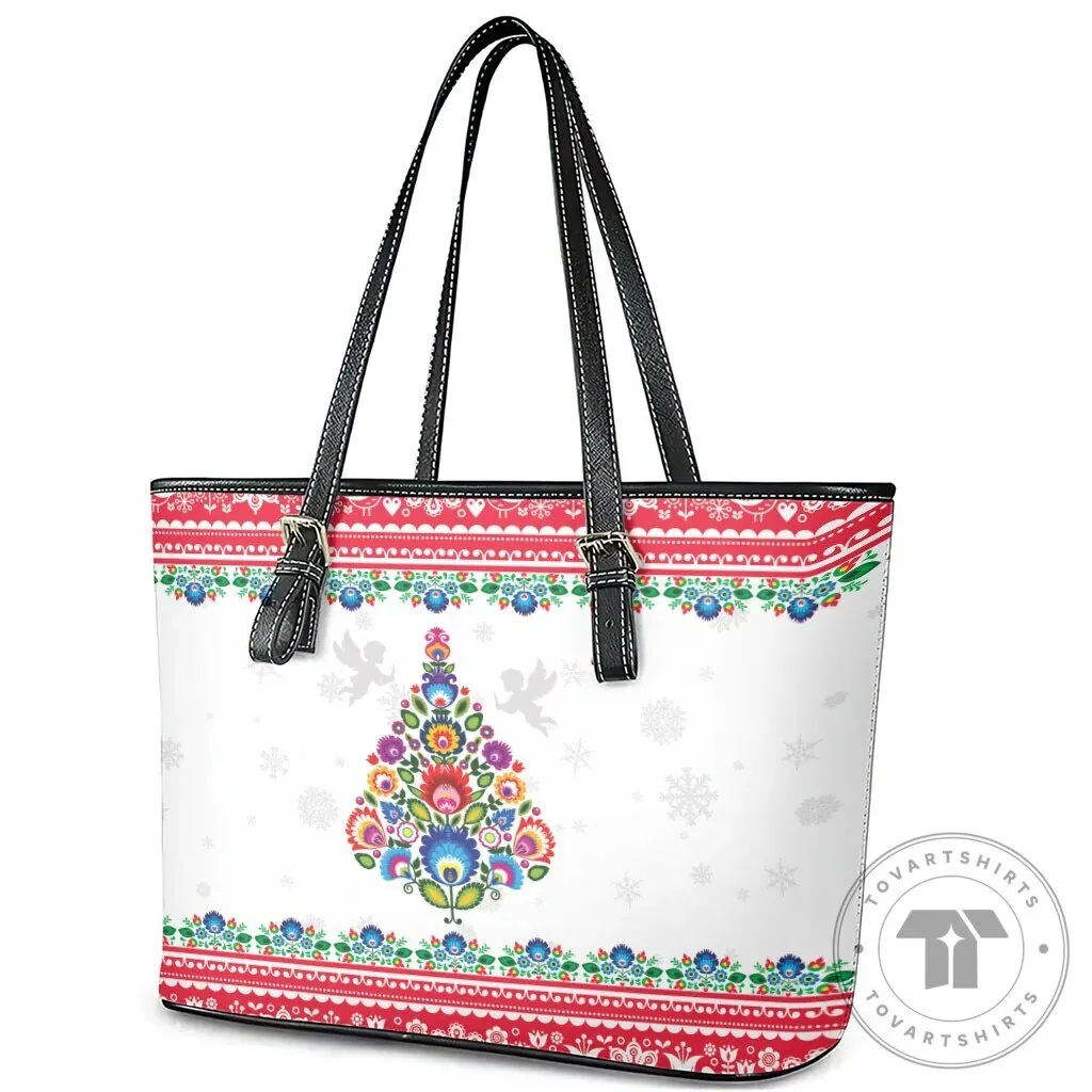 Polish Folk Art Christmas Tree Pattern White Leather Tote Bag 11 Polish Folk Art Christmas Tree Pattern White Leather Tote Bag