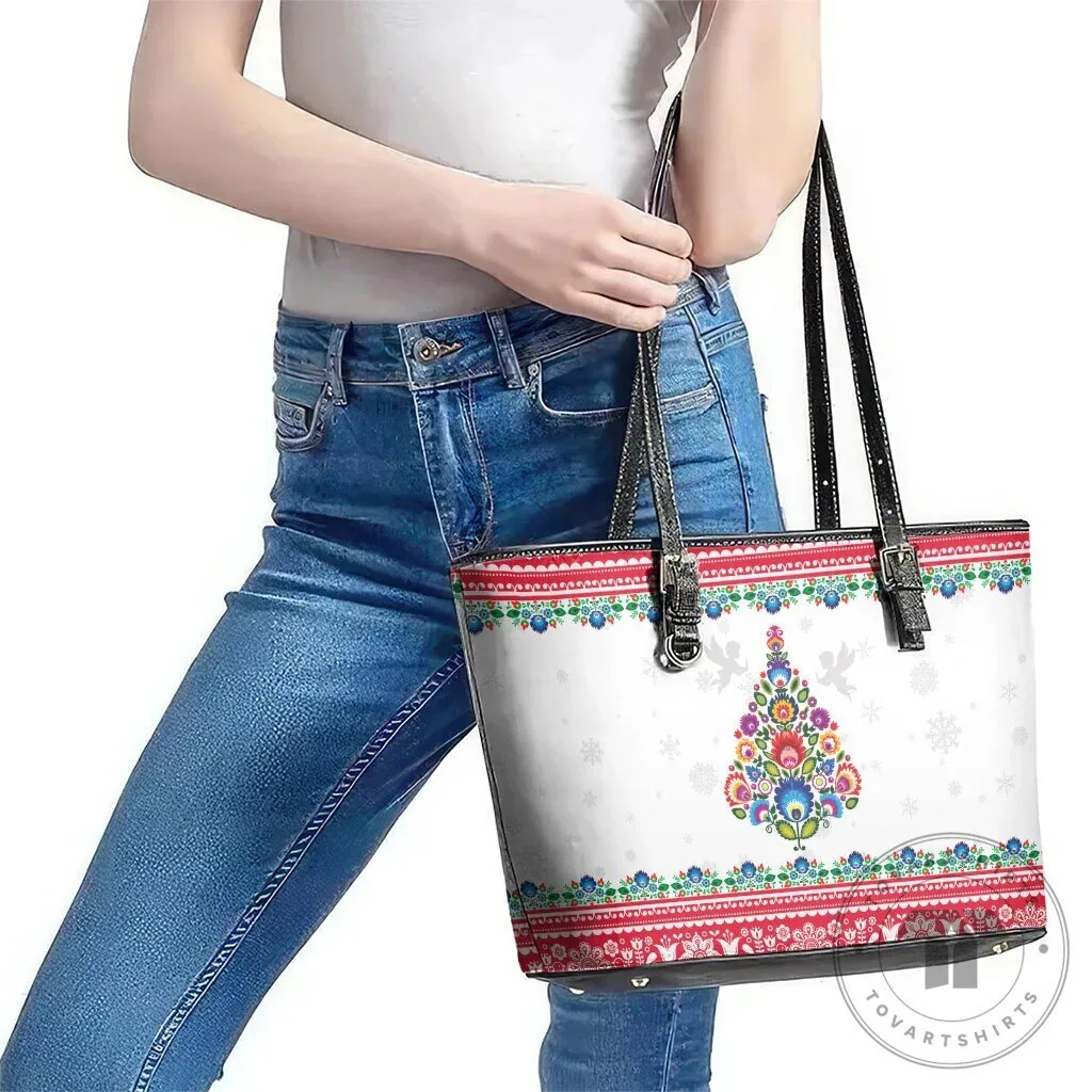 Polish Folk Art Christmas Tree Pattern White Leather Tote Bag 12 Polish Folk Art Christmas Tree Pattern White Leather Tote Bag