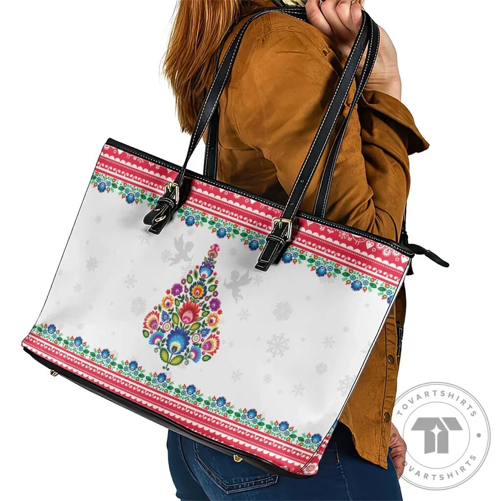 Polish Folk Art Christmas Tree Pattern White Leather Tote Bag 13 Polish Folk Art Christmas Tree Pattern White Leather Tote Bag