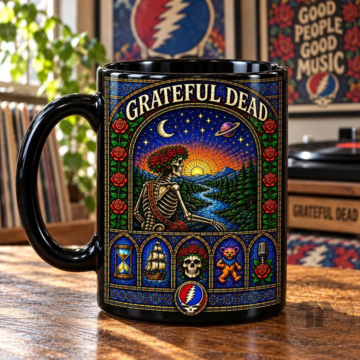 Grateful Dead Stained Glass Skeleton and Roses Steal Your Face Dancing Bear Mug