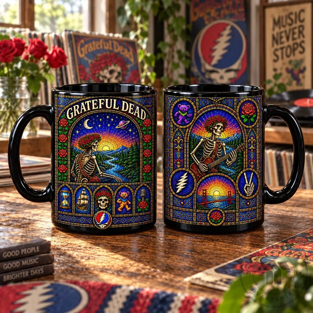 Grateful Dead Stained Glass Skeleton and Roses Steal Your Face Dancing Bear Mug 8 Grateful Dead Stained Glass Skeleton and Roses Steal Your Face Dancing Bear Mug