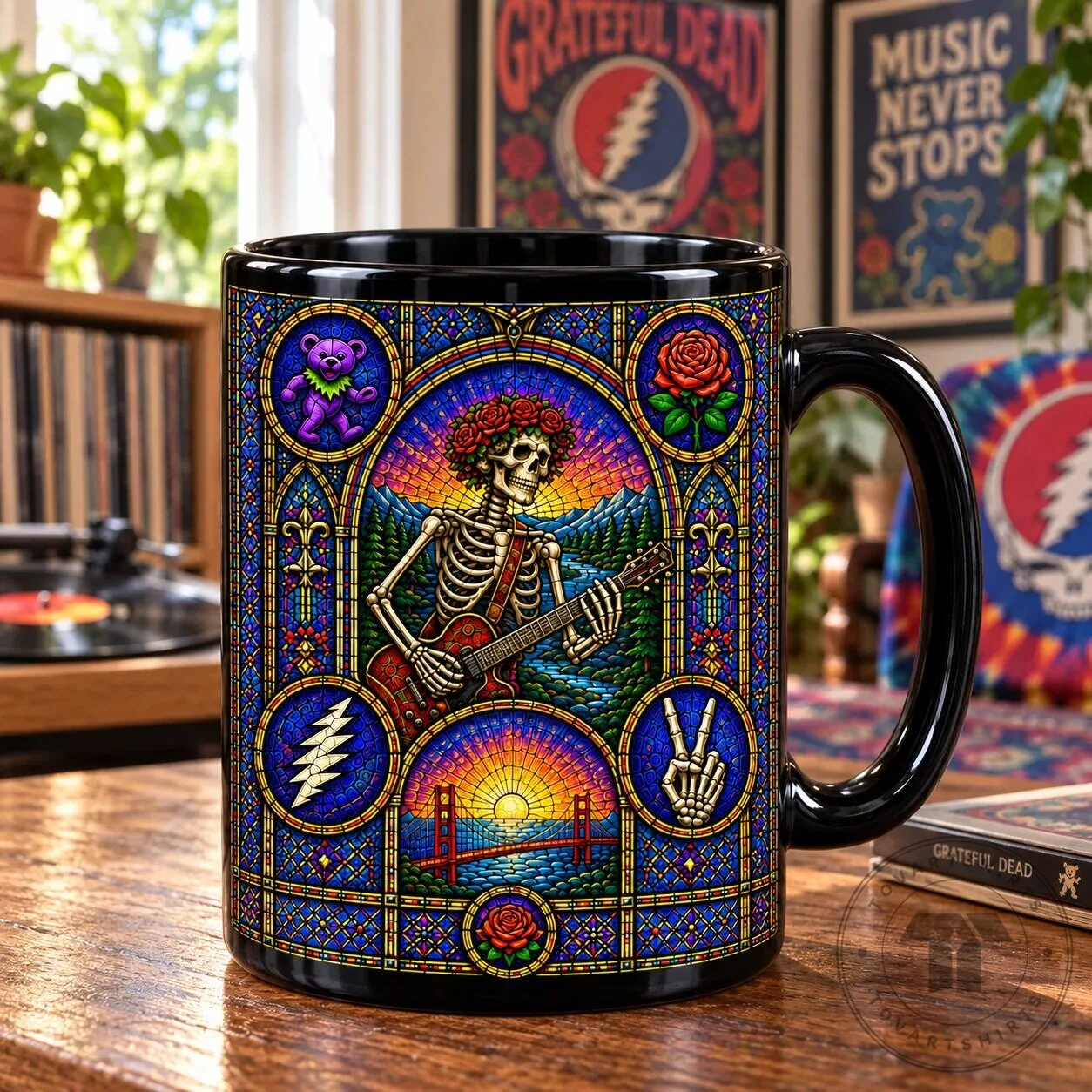 Grateful Dead Stained Glass Skeleton and Roses Steal Your Face Dancing Bear Mug 9 Grateful Dead Stained Glass Skeleton and Roses Steal Your Face Dancing Bear Mug