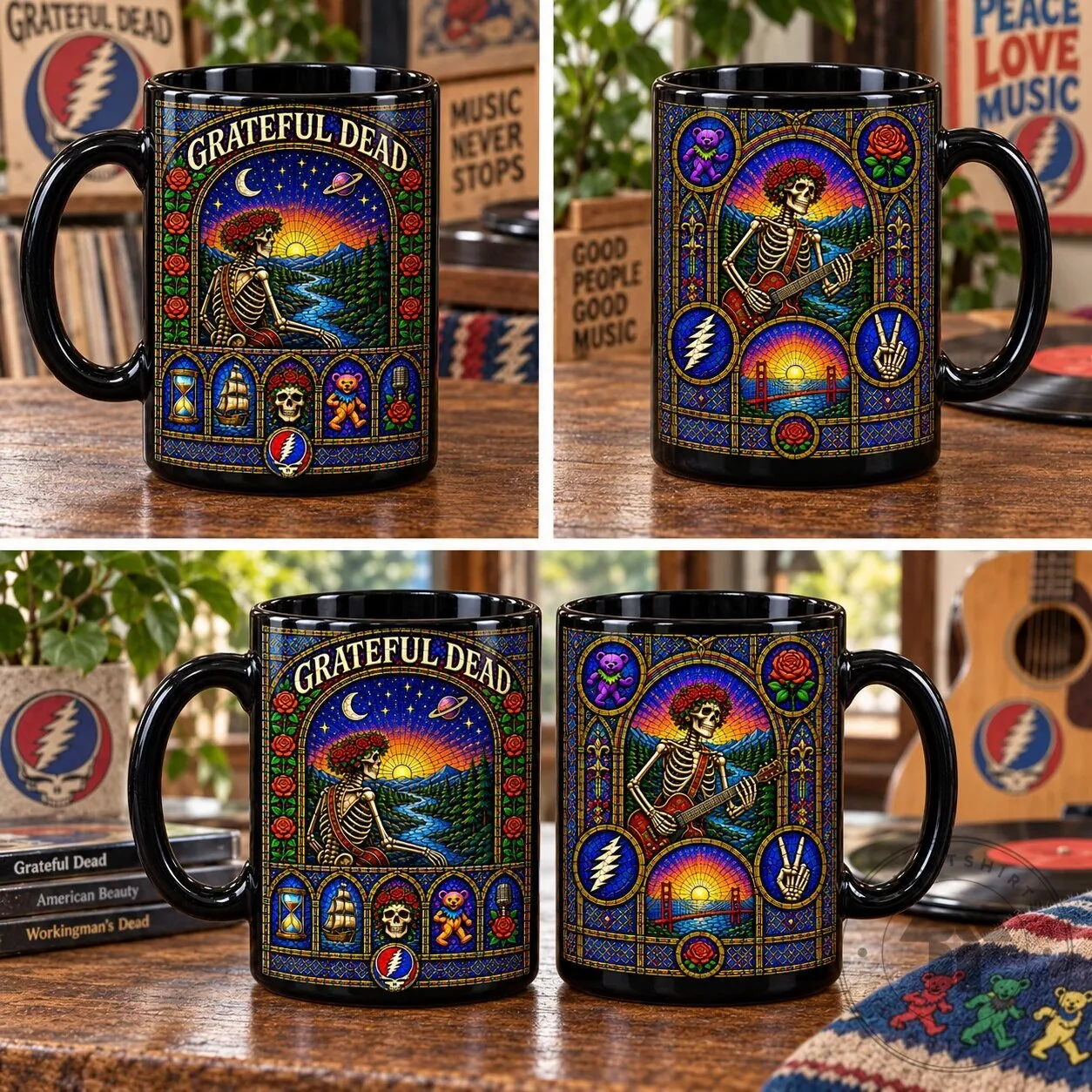 Grateful Dead Stained Glass Skeleton and Roses Steal Your Face Dancing Bear Mug 10 Grateful Dead Stained Glass Skeleton and Roses Steal Your Face Dancing Bear Mug