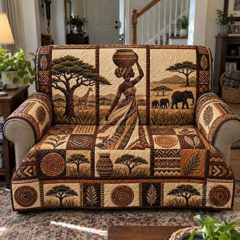 African Savannah Maiden Quilted Sofa Cover, Ethnic Woman Elephant Giraffe Design