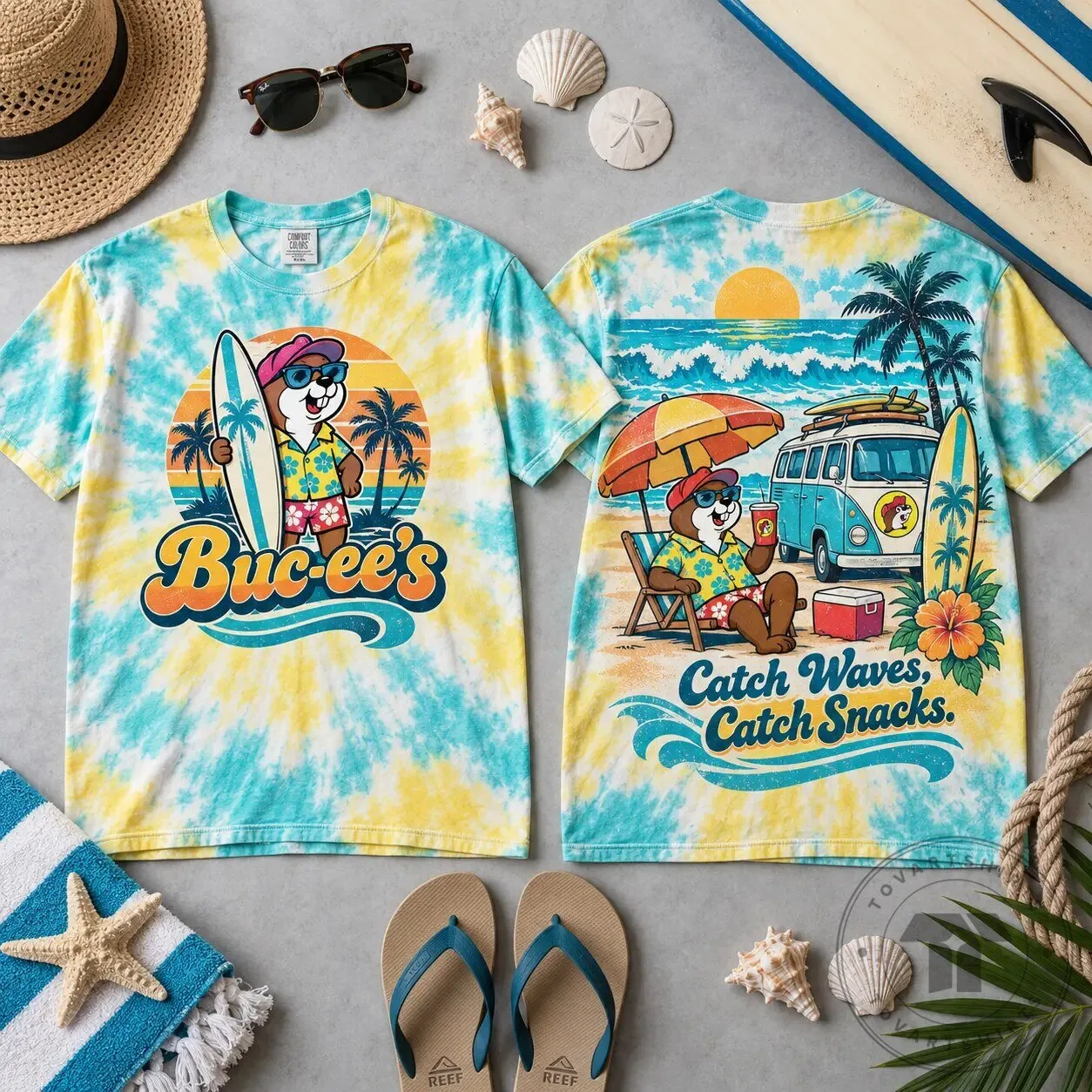 Buc-ee's Surf Beaver Tie-Dye Beach Days Catch Waves and Snacks T-Shirt