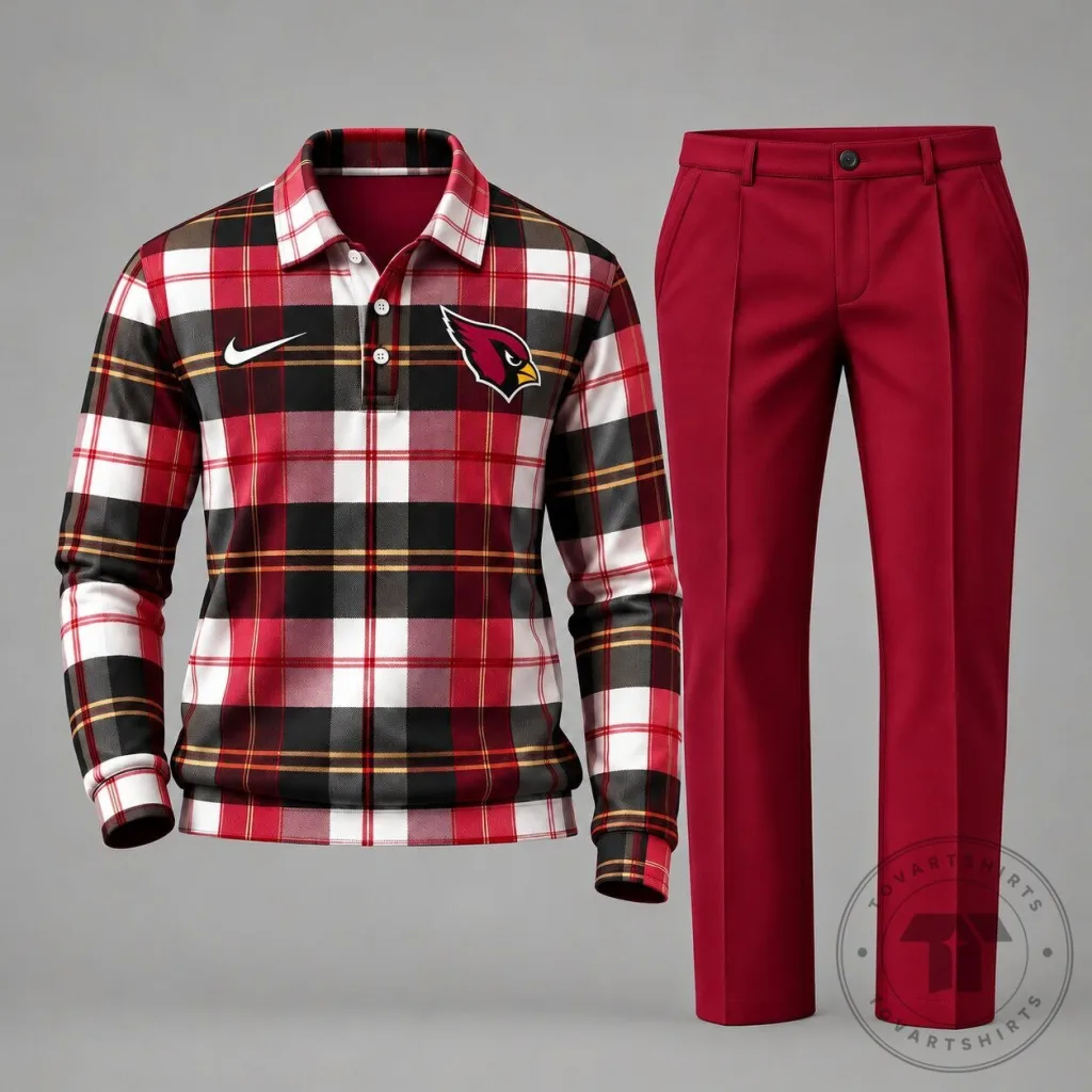 Arizona Cardinals Plaid Long Sleeve Polo Shirt Arizona Cardinals Plaid Long Sleeve Polo Shirt