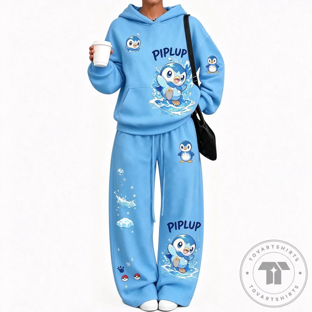 Pokemon Piplup Character Design Blue Hoodie and Sweatpants Set Pokemon Piplup Character Design Blue Hoodie and Sweatpants Set