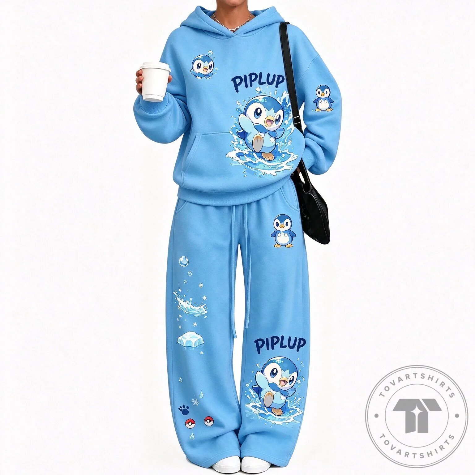 Pokemon Piplup Character Design Blue Hoodie and Sweatpants Set