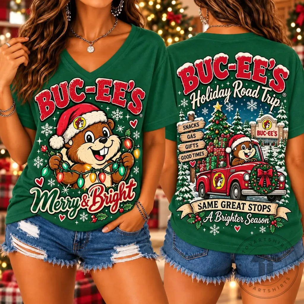 Buc-ee's Christmas Holiday Road Trip Merry and Bright V-Neck T-Shirt 1 Buc-ee's Christmas Holiday Road Trip Merry and Bright V-Neck T-Shirt