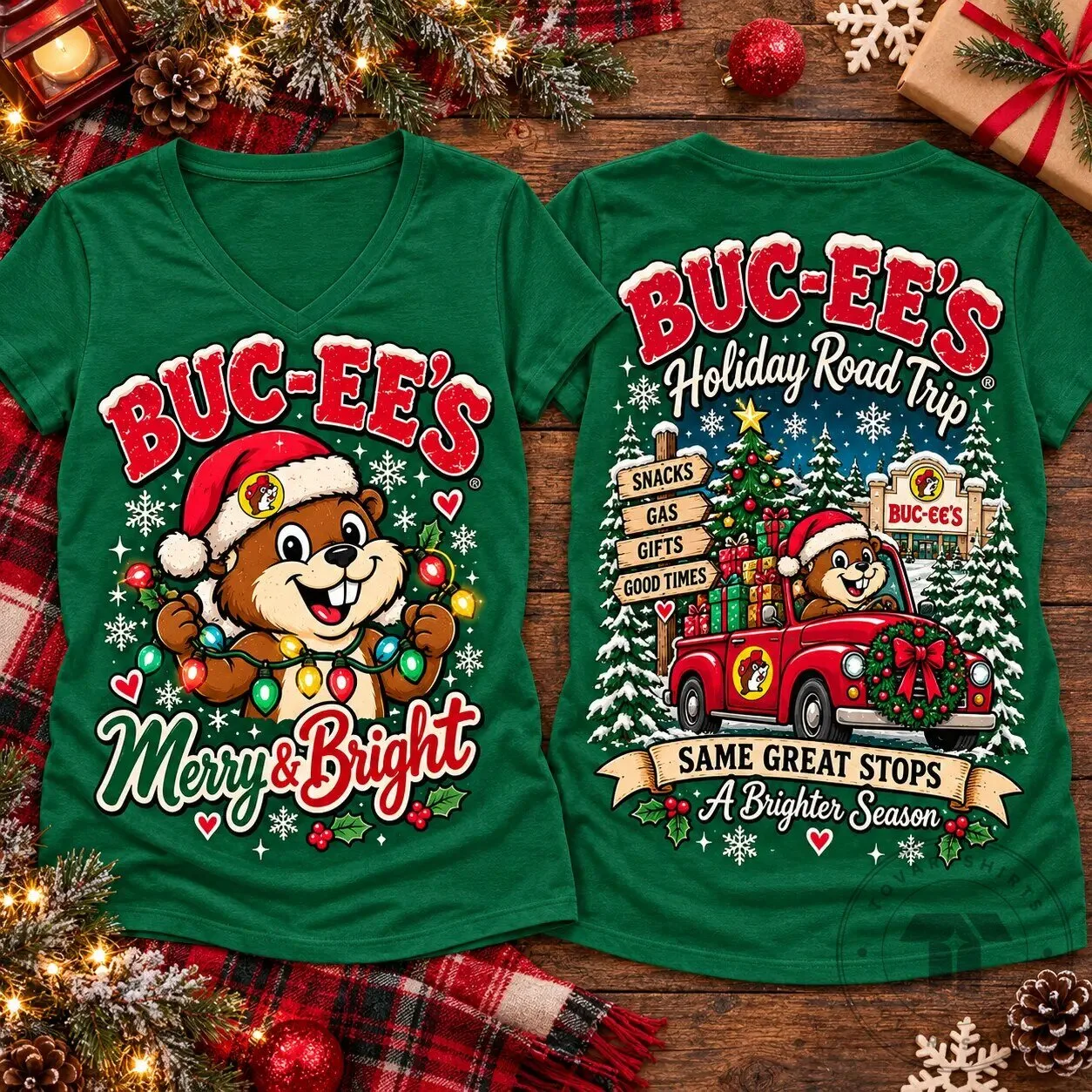 Buc-ee's Christmas Holiday Road Trip Merry and Bright V-Neck T-Shirt 7 Buc-ee