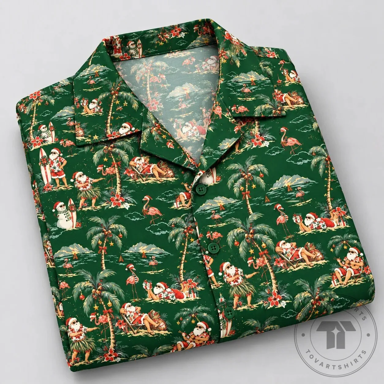 Tropical Santa Claus Christmas Holiday Green Hawaiian Shirt for Men
