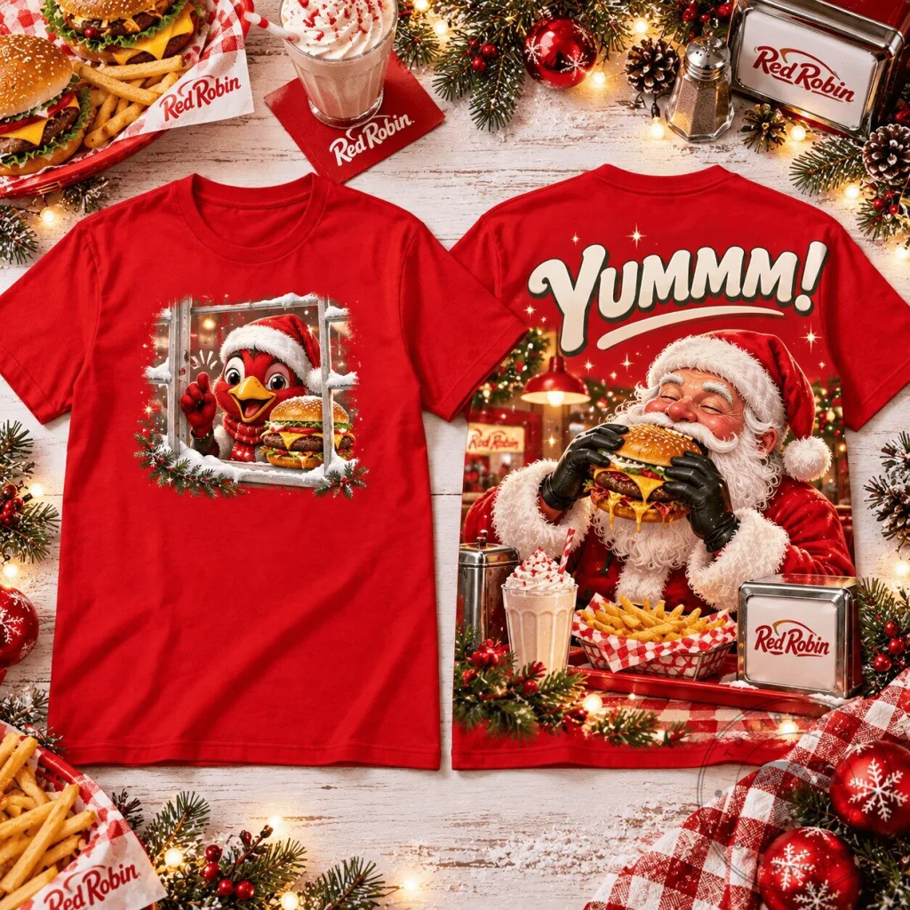 Red Robin YUMMM Santa Claus Eating Burger Christmas Holiday T-Shirt Red Robin YUMMM Santa Claus Eating Burger Christmas Holiday T-Shirt