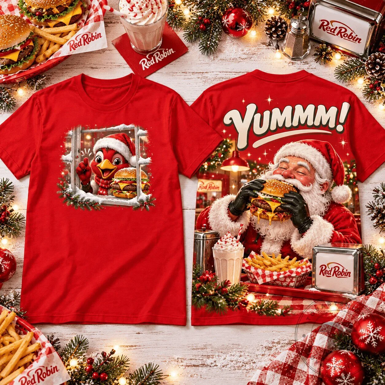 Red Robin YUMMM Santa Claus Eating Burger Christmas Holiday T-Shirt 5 Red Robin YUMMM Santa Claus Eating Burger Christmas Holiday T-Shirt