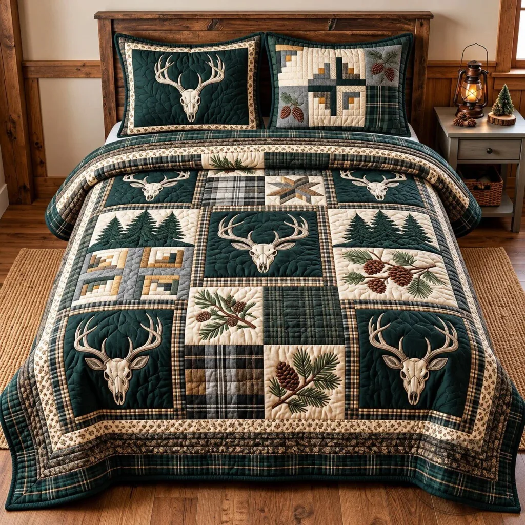 Rustic Deer Antler Patchwork Quilted Bedding Set Rustic Deer Antler Patchwork Quilted Bedding Set