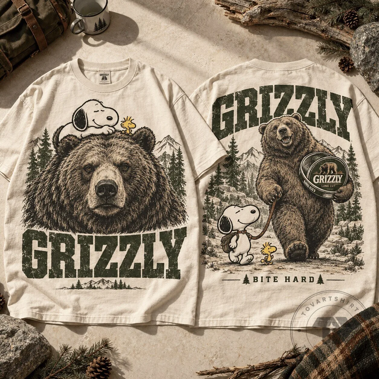 Snoopy and Woodstock Grizzly Bear Forest Nature Graphic T-Shirt 4 Snoopy and Woodstock Grizzly Bear Forest Nature Graphic T-Shirt
