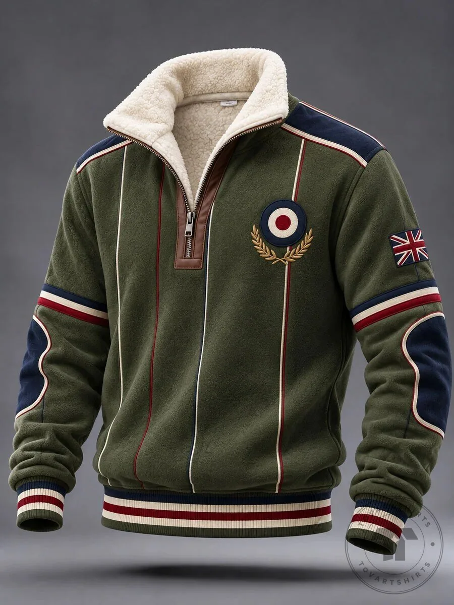 British Mod Target Union Jack Sherpa Fleece Half-Zip Pullover Sweatshirt
