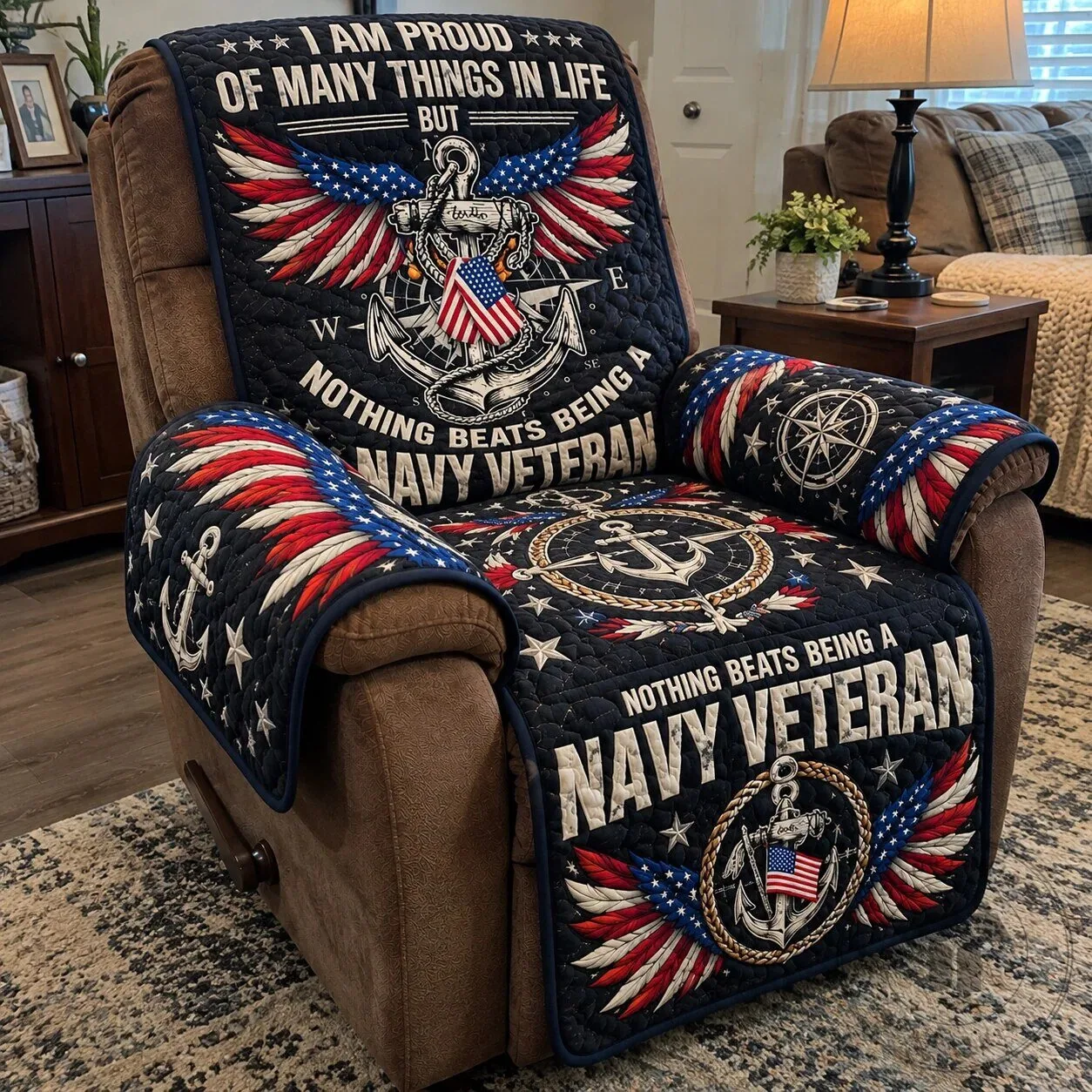Proud Navy Veteran Patriotic American Flag Quilted Recliner Chair Cover